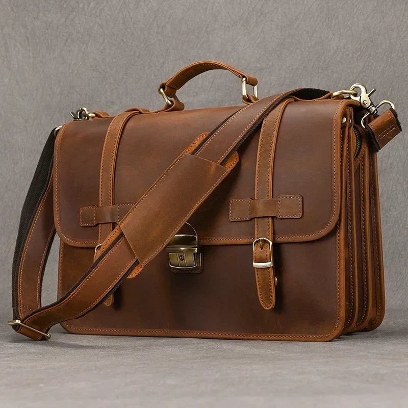 Men’s Leather Briefcase – Brown Multi-Compartment 14 Inch Work Case