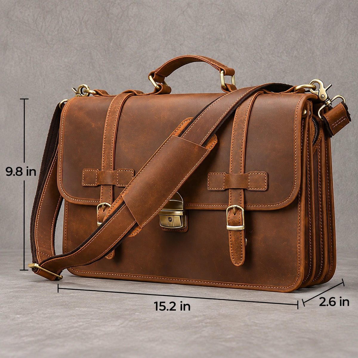 Men’s Leather Briefcase – Brown Multi-Compartment 14 Inch Work Case