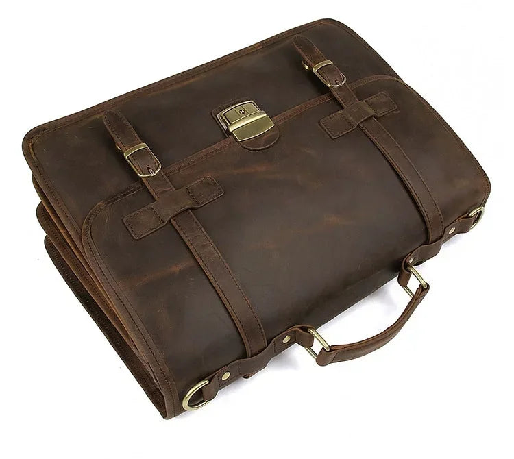Men’s Leather Briefcase – Brown Multi-Compartment 14 Inch Work Case
