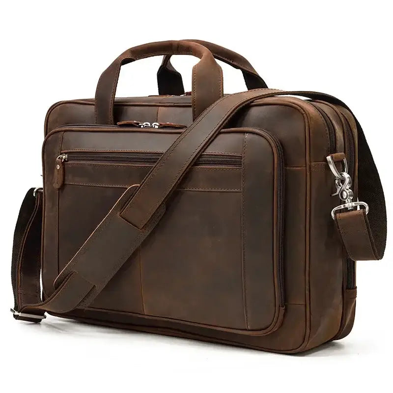 Men’s Leather Briefcase – Brown Wide Format with Front Pocket 14 Inch - Brown