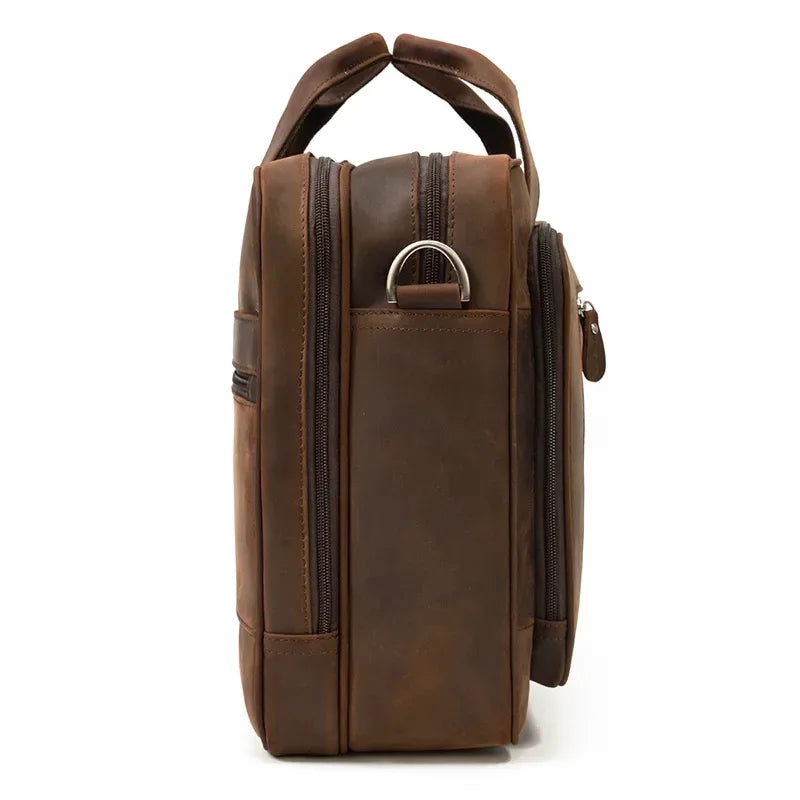 Men’s Leather Briefcase – Brown Wide Format with Front Pocket 14 Inch