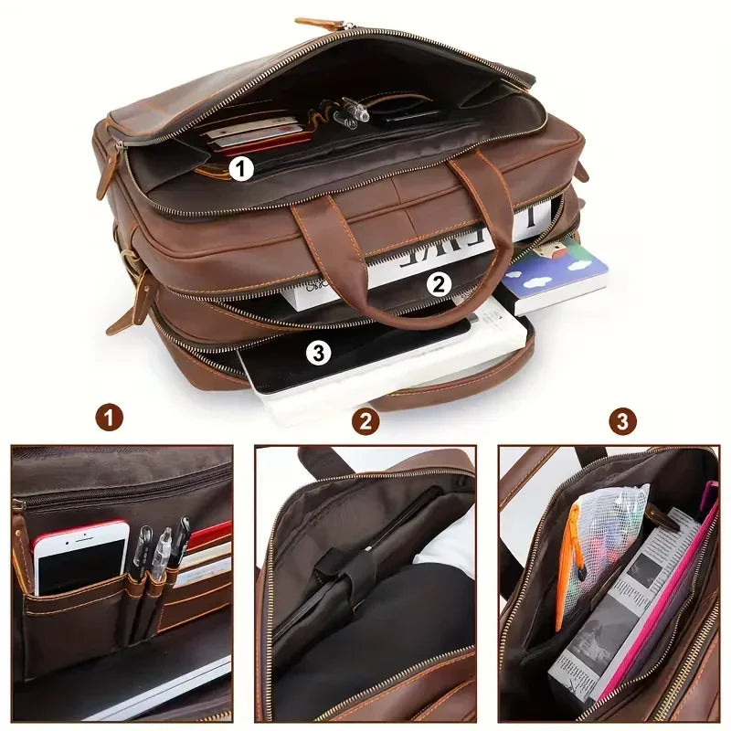 Men’s Leather Briefcase – Brown Wide Format with Front Pocket 14 Inch