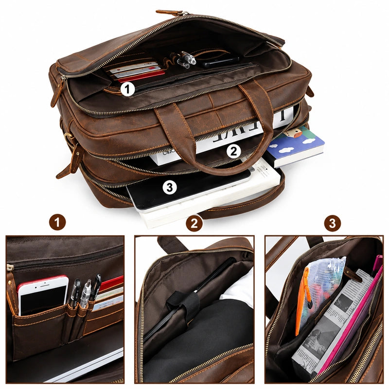 Men’s Leather Briefcase – Brown Wide Format with Front Pocket