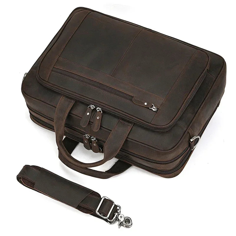 Men’s Leather Briefcase – Brown Wide Format with Front Pocket 14 Inch