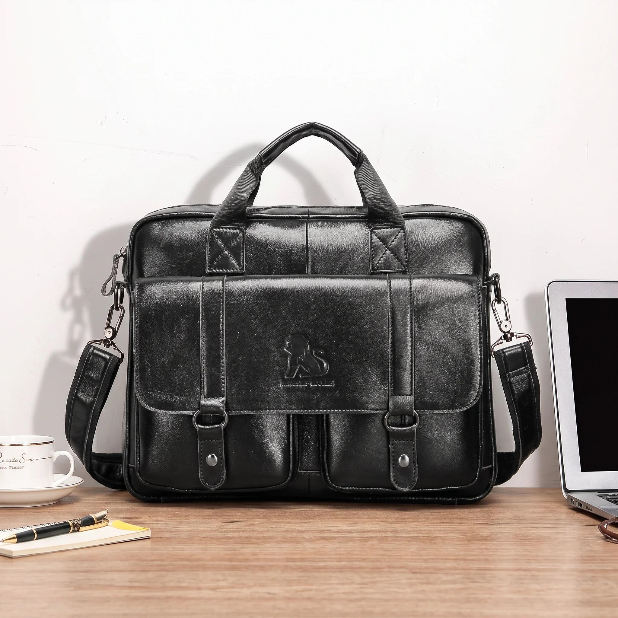 Men’s Leather Briefcase - Dual Buckle Flap Laptop Bag