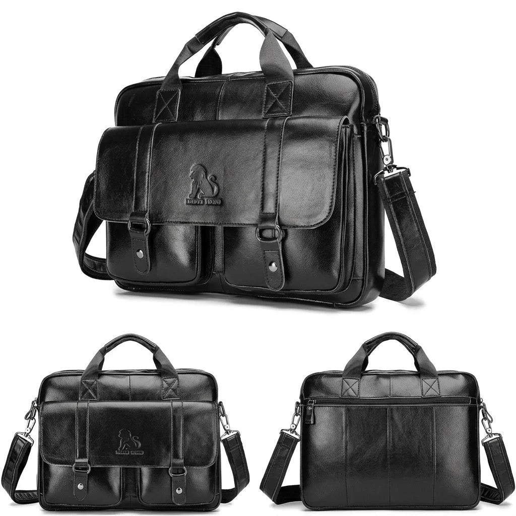 Men’s Leather Briefcase - Dual Buckle Flap Laptop Bag