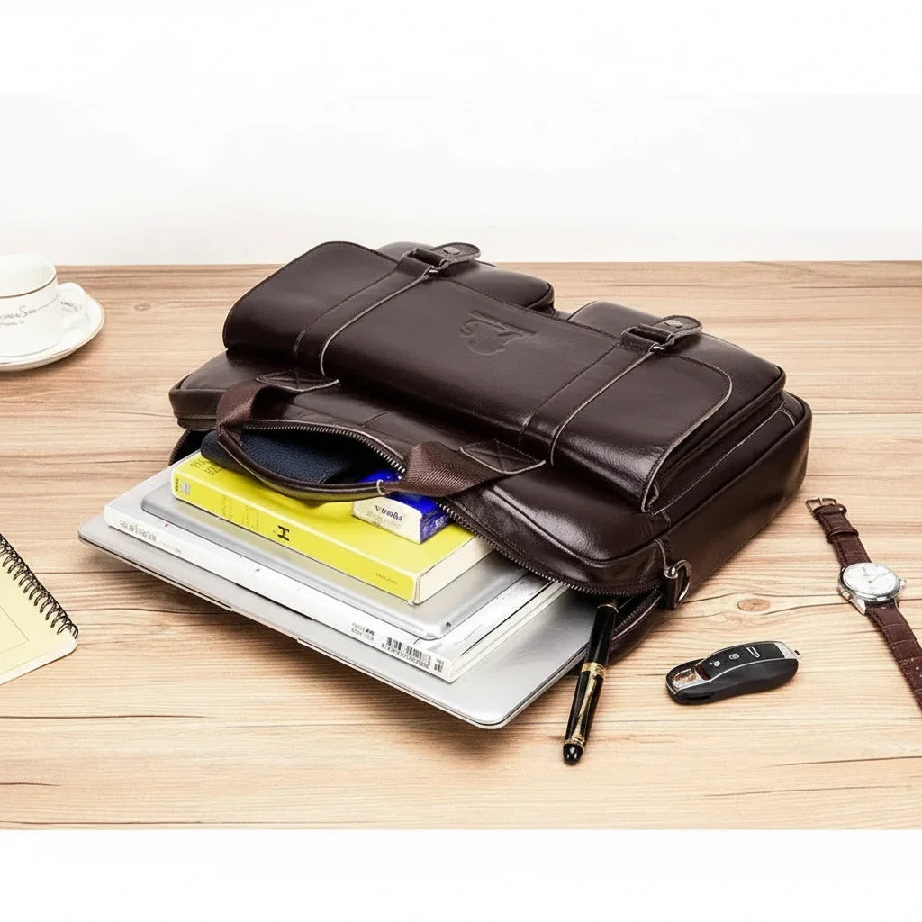 Men’s Leather Briefcase - Dual Buckle Flap Laptop Bag