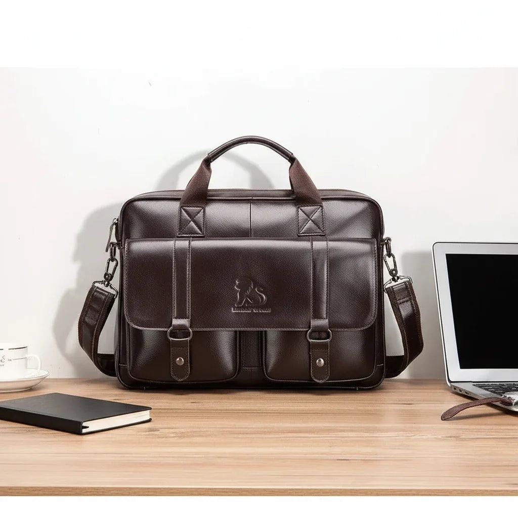 Men’s Leather Briefcase - Dual Buckle Flap Laptop Bag