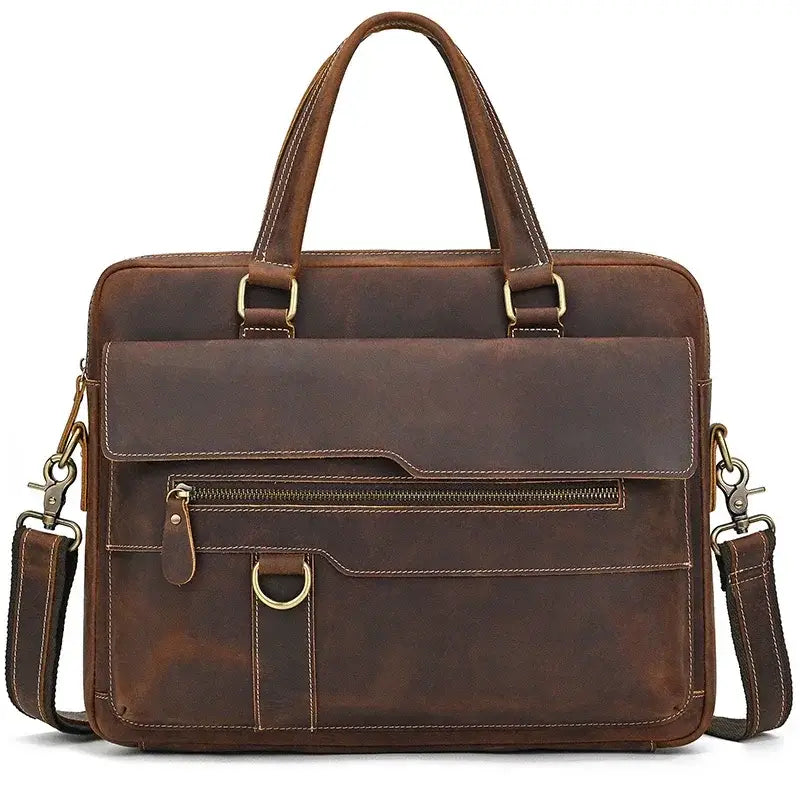 Men’s Leather Briefcase - Slim Full-Grain Work Bag - Brown