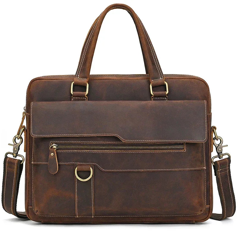 Men’s Leather Briefcase - Slim Full-Grain Work Bag - Brown