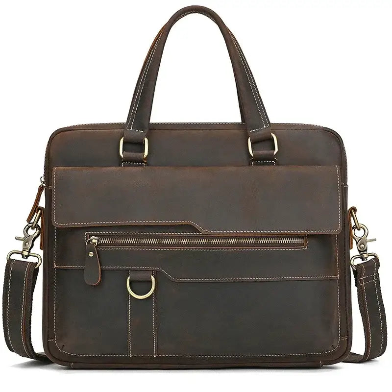 Men’s Leather Briefcase - Slim Full-Grain Work Bag - Dark brown