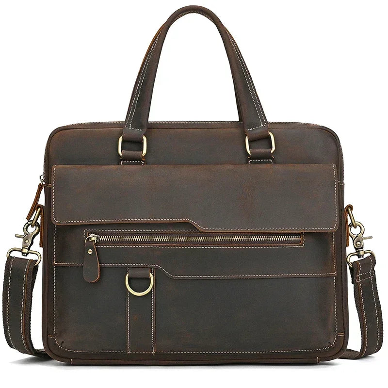Men’s Leather Briefcase - Slim Full-Grain Work Bag - Dark brown
