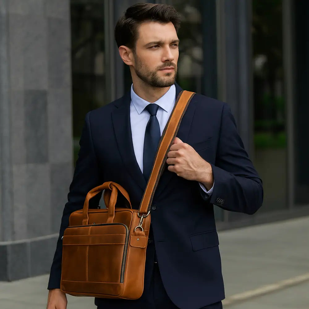 Men’s Leather Briefcase – Structured Leather Work Bag - Mens Briefcase