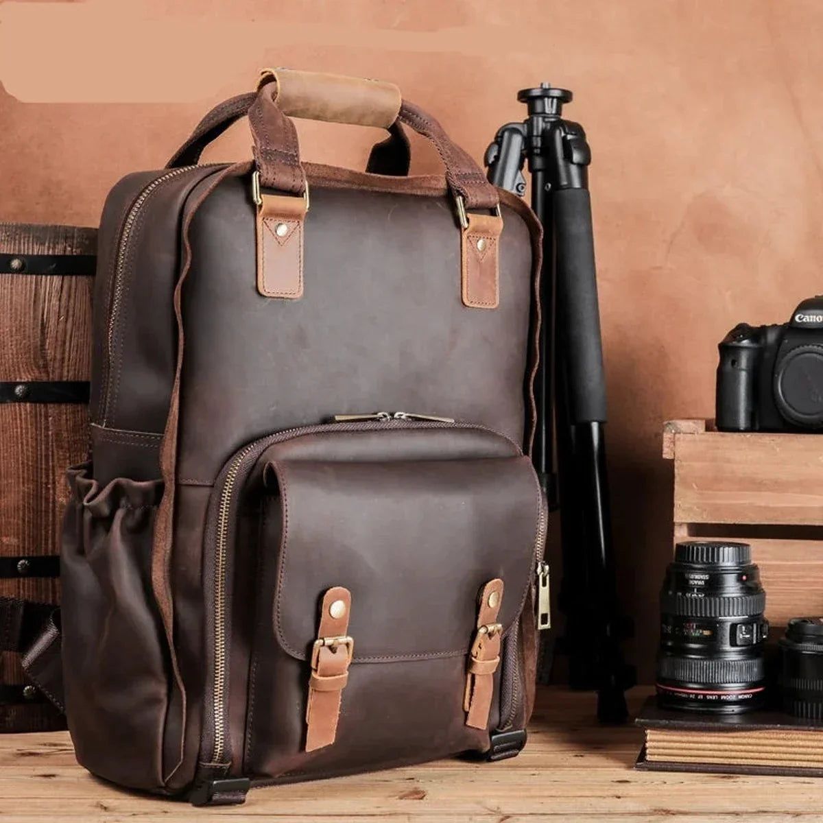 Men’s Leather Camera Backpack - Crazy Horse DSLR & Laptop Bag