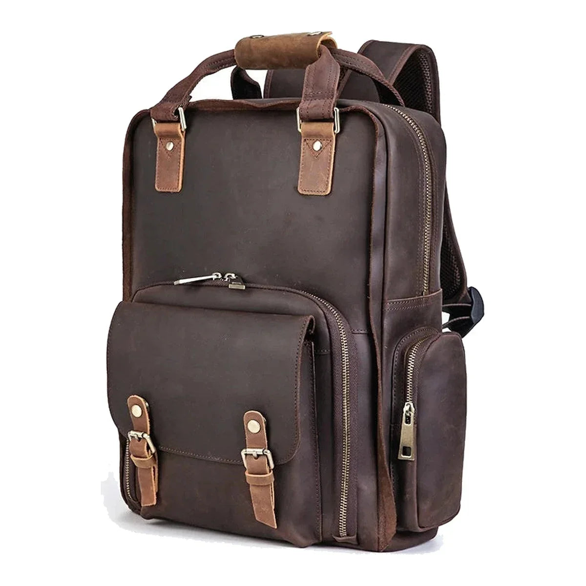 Men’s Leather Camera Backpack - Crazy Horse DSLR & Laptop Bag - Dark Brown