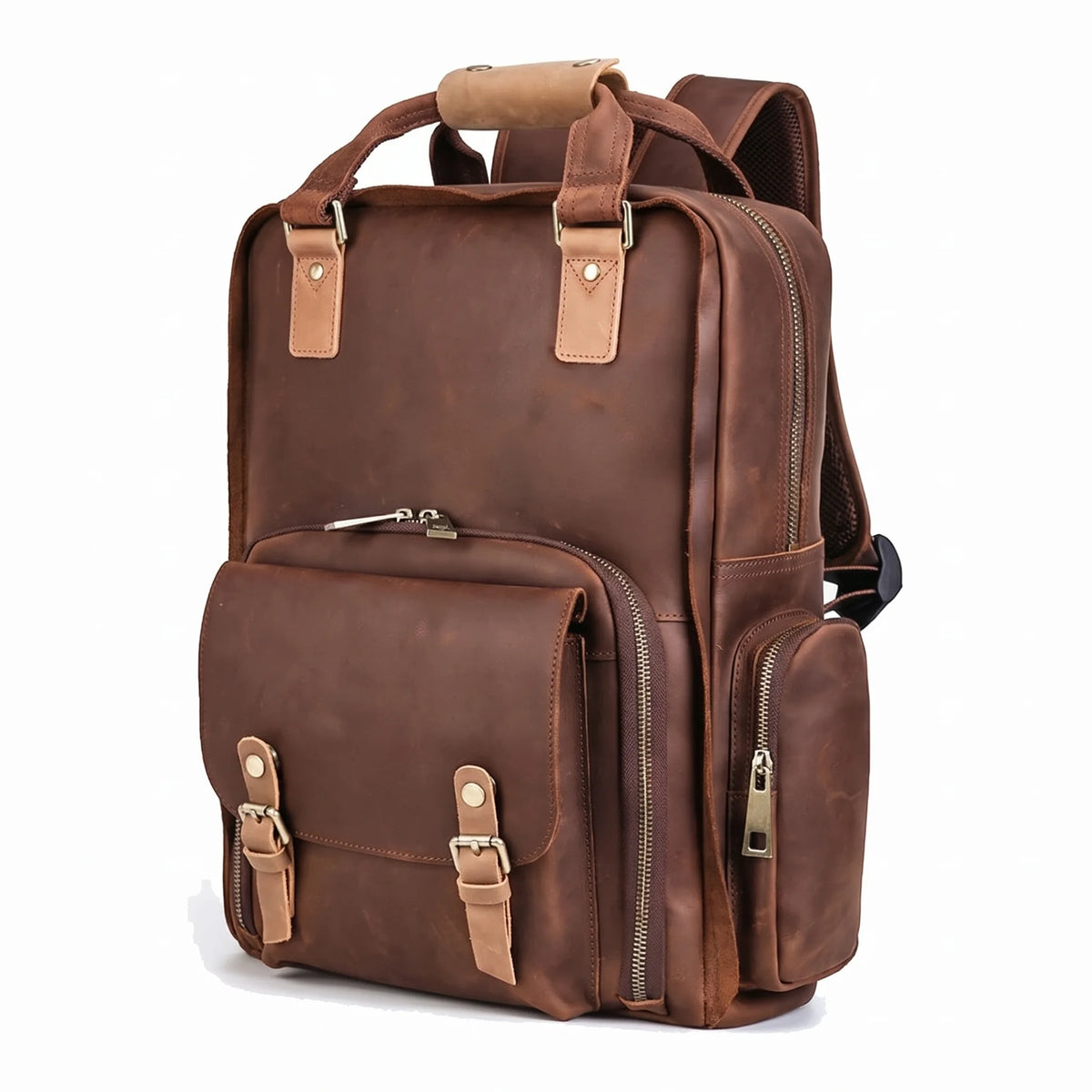 Men’s Leather Camera Backpack - Crazy Horse DSLR & Laptop Bag - Light Brown