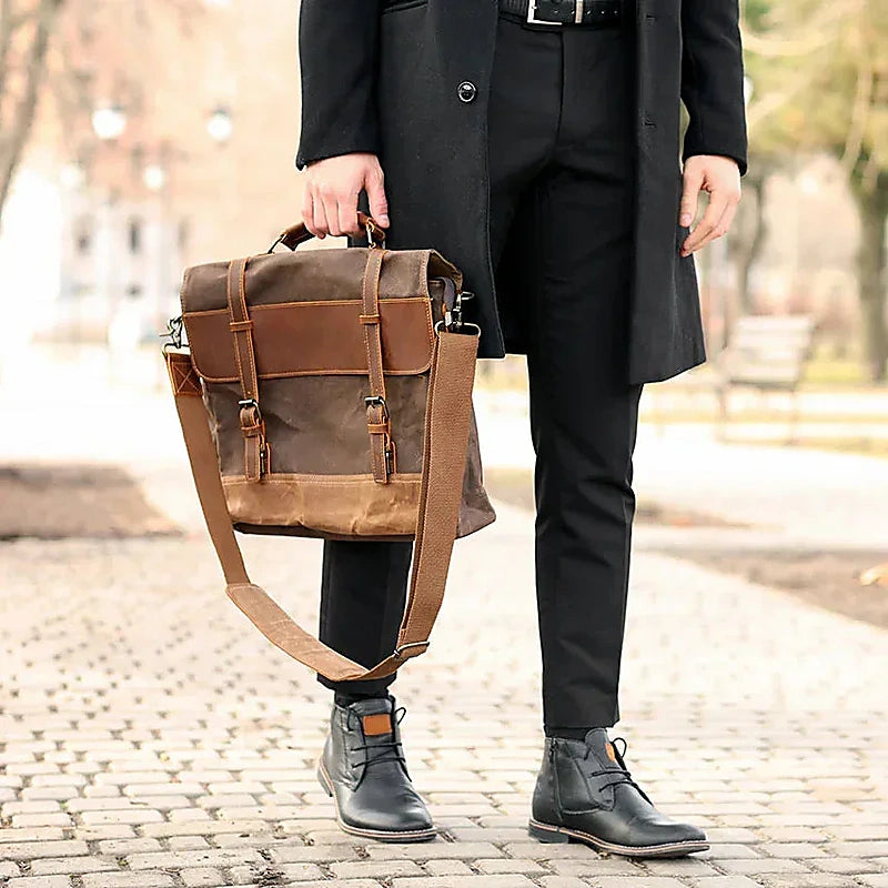 Men’s Leather Canvas Messenger Bag – Vintage Laptop Carry