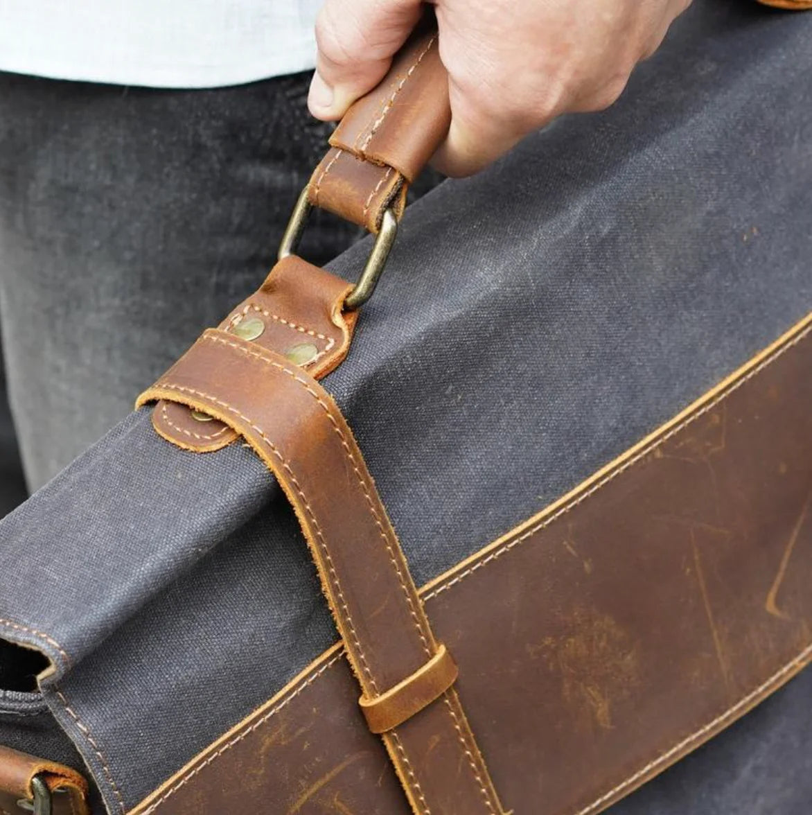 Men’s Leather Canvas Messenger Bag – Vintage Laptop Carry
