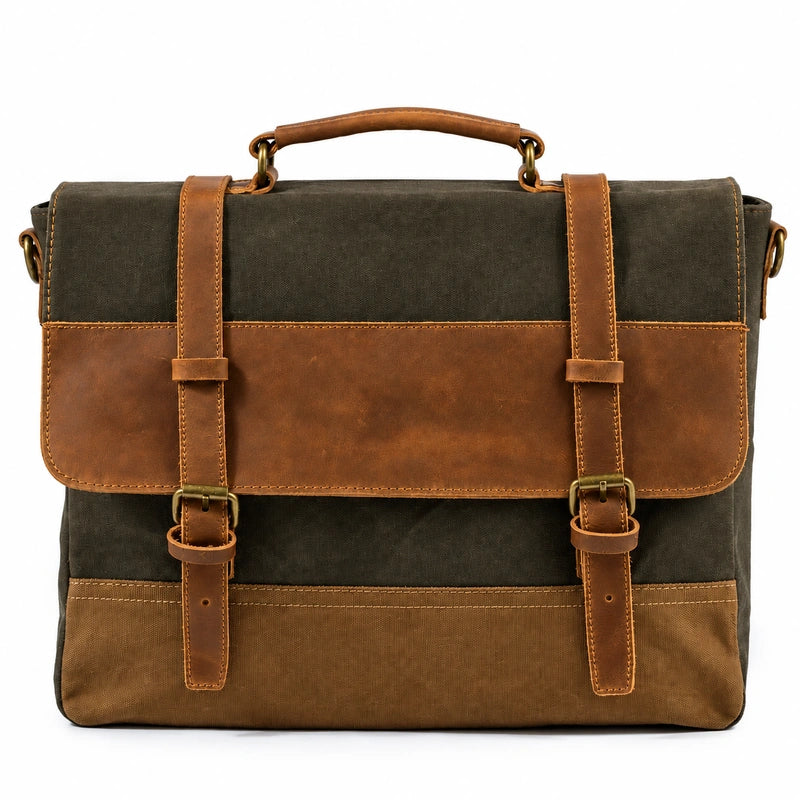 Men’s Leather Canvas Messenger Bag – Vintage Laptop Carry - Green
