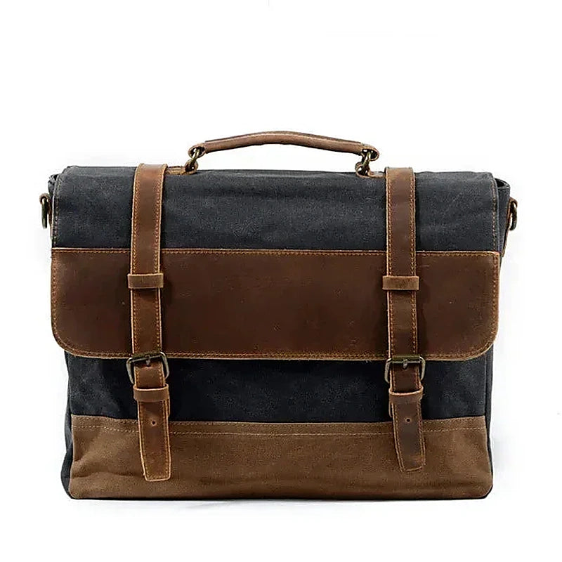 Men’s Leather Canvas Messenger Bag – Vintage Laptop Carry - Gray