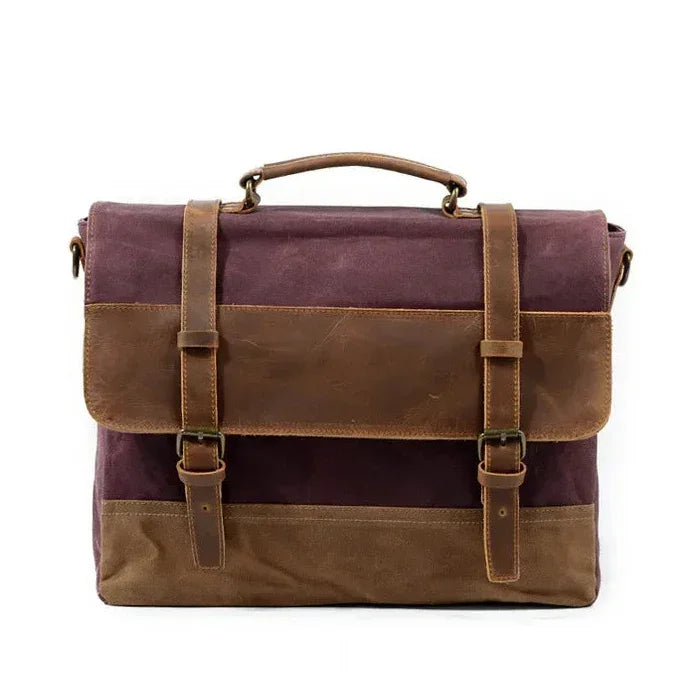 Men’s Leather Canvas Messenger Bag – Vintage Laptop Carry - Purple