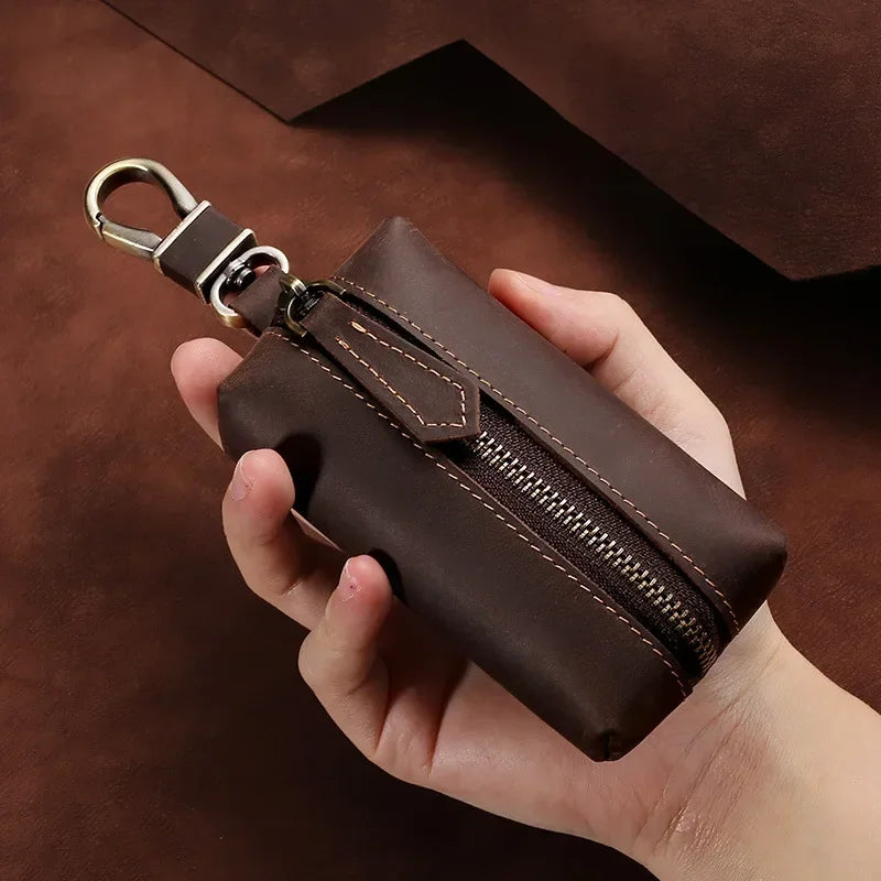 Men’s Leather Car Key Holder - Zip Pouch with Clip