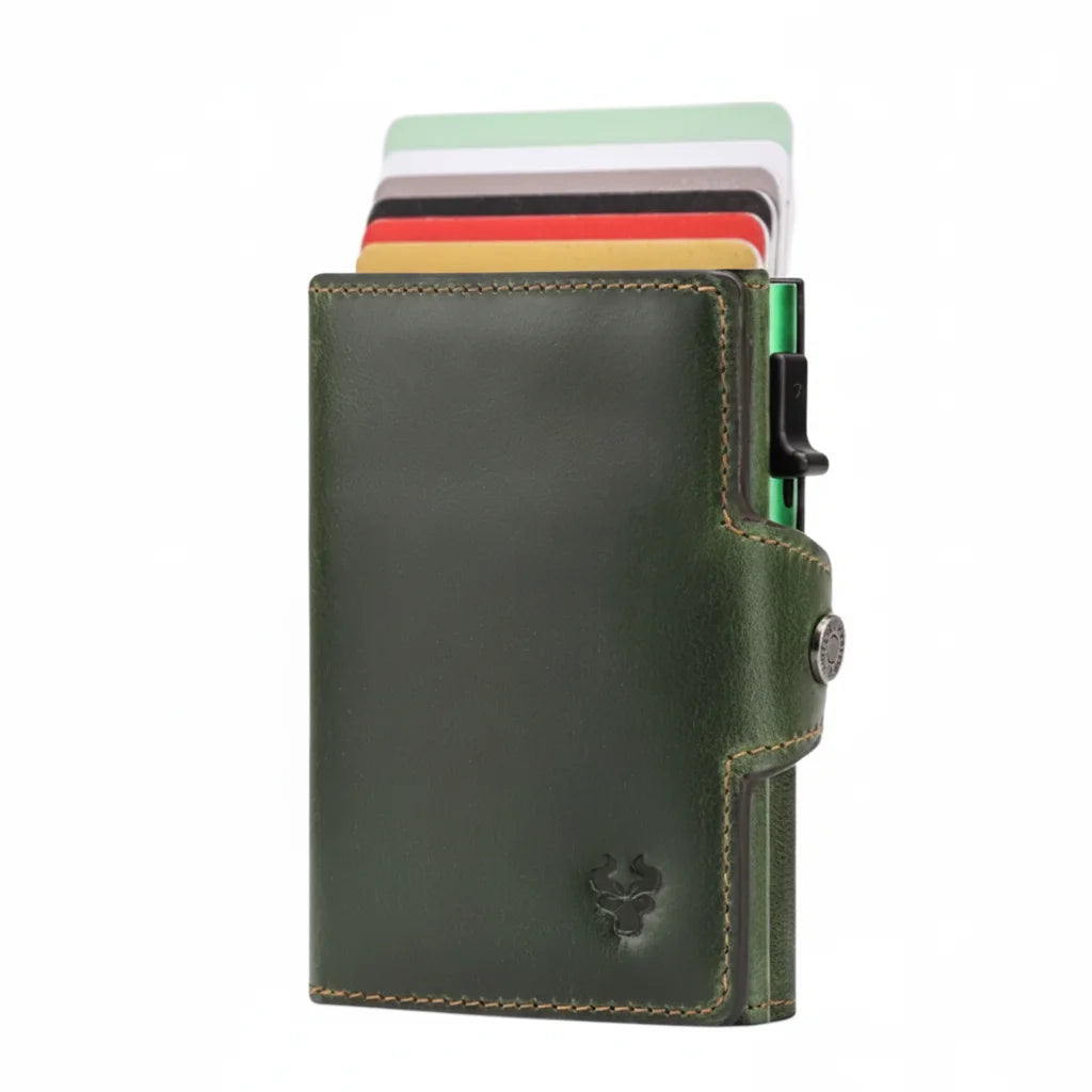 Men’s Leather Card Holder - RFID Wallet with Coin Pocket - Green