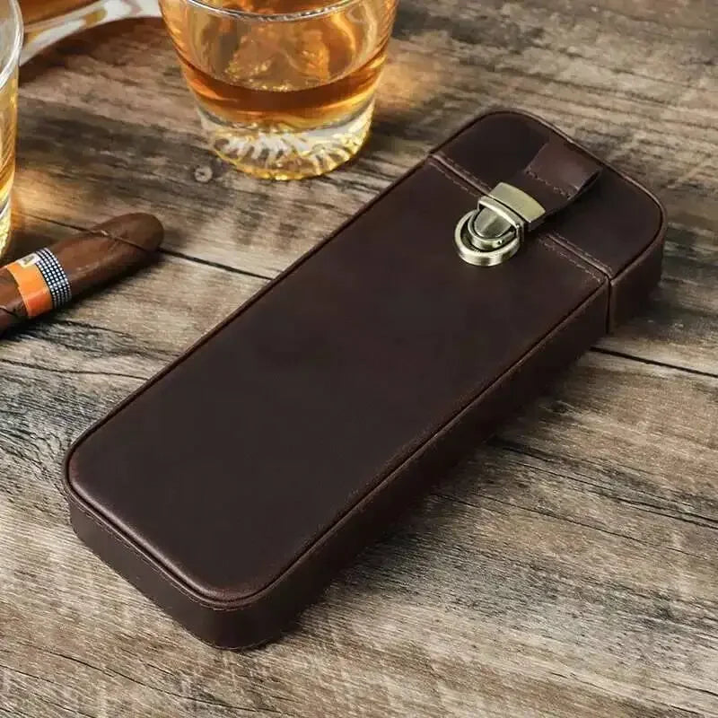 Men’s Leather Cigar Case - 3-Cigar Travel Holder - Brown