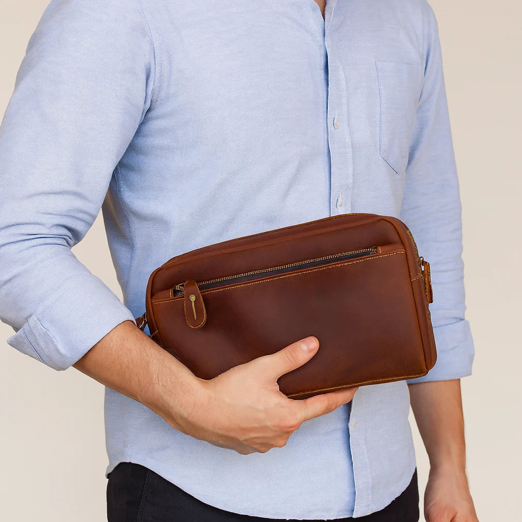 Men’s Leather Clutch Bag - Detachable Crossbody Strap