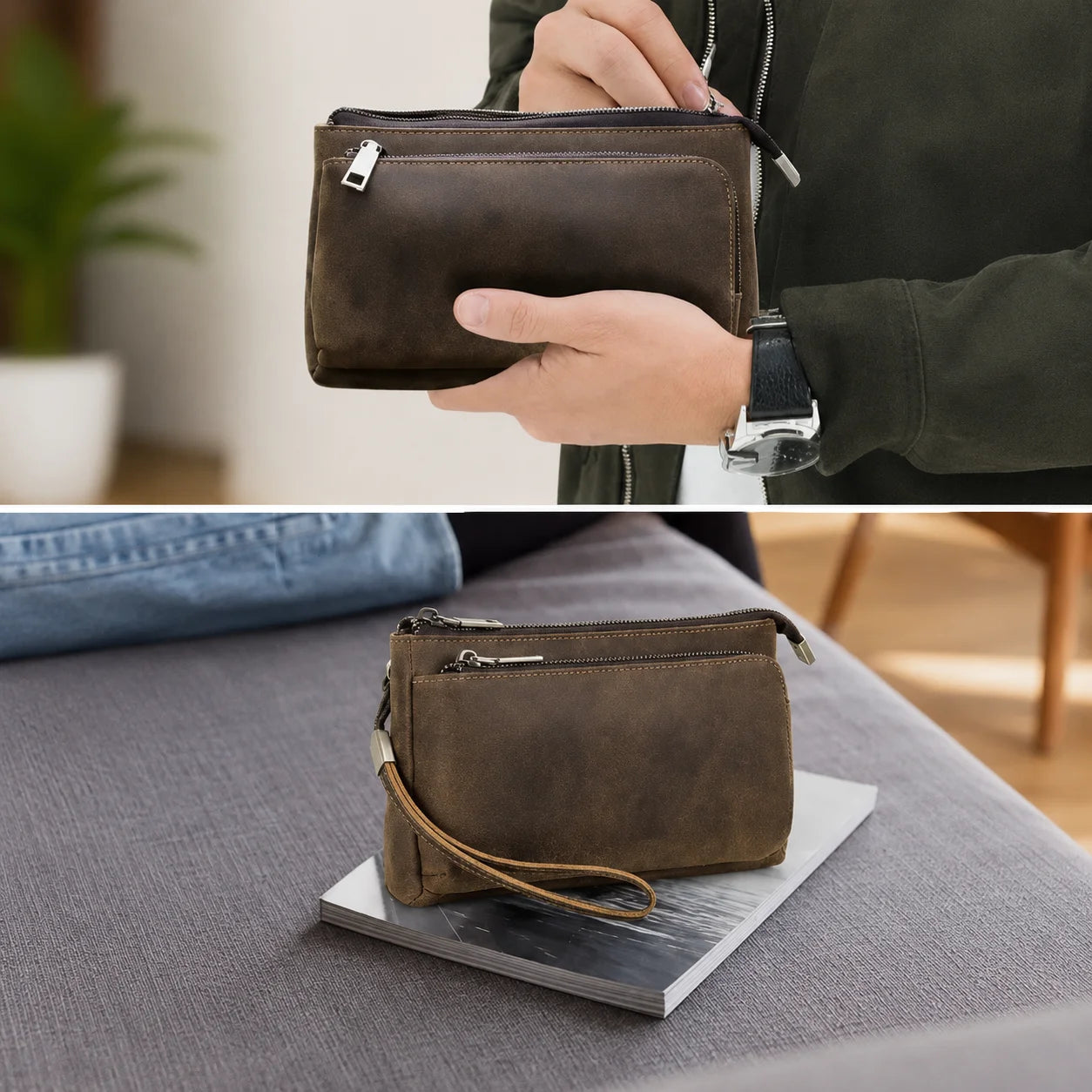 Men’s Leather Clutch Bag - Double Zip Travel Organizer