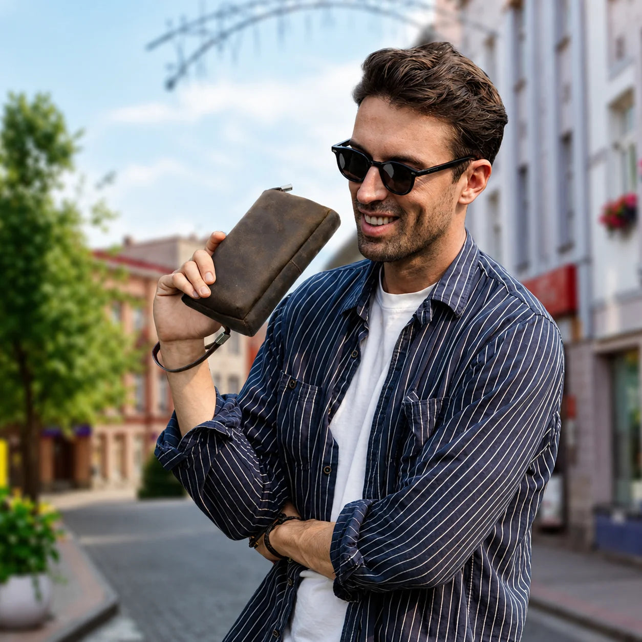 Men’s Leather Clutch Bag - Double Zip Travel Organizer