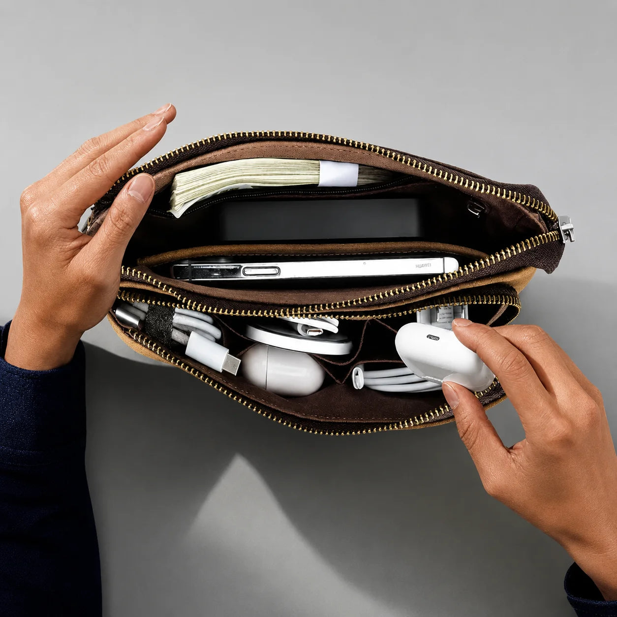 Men’s Leather Clutch Bag - Double Zip Travel Organizer