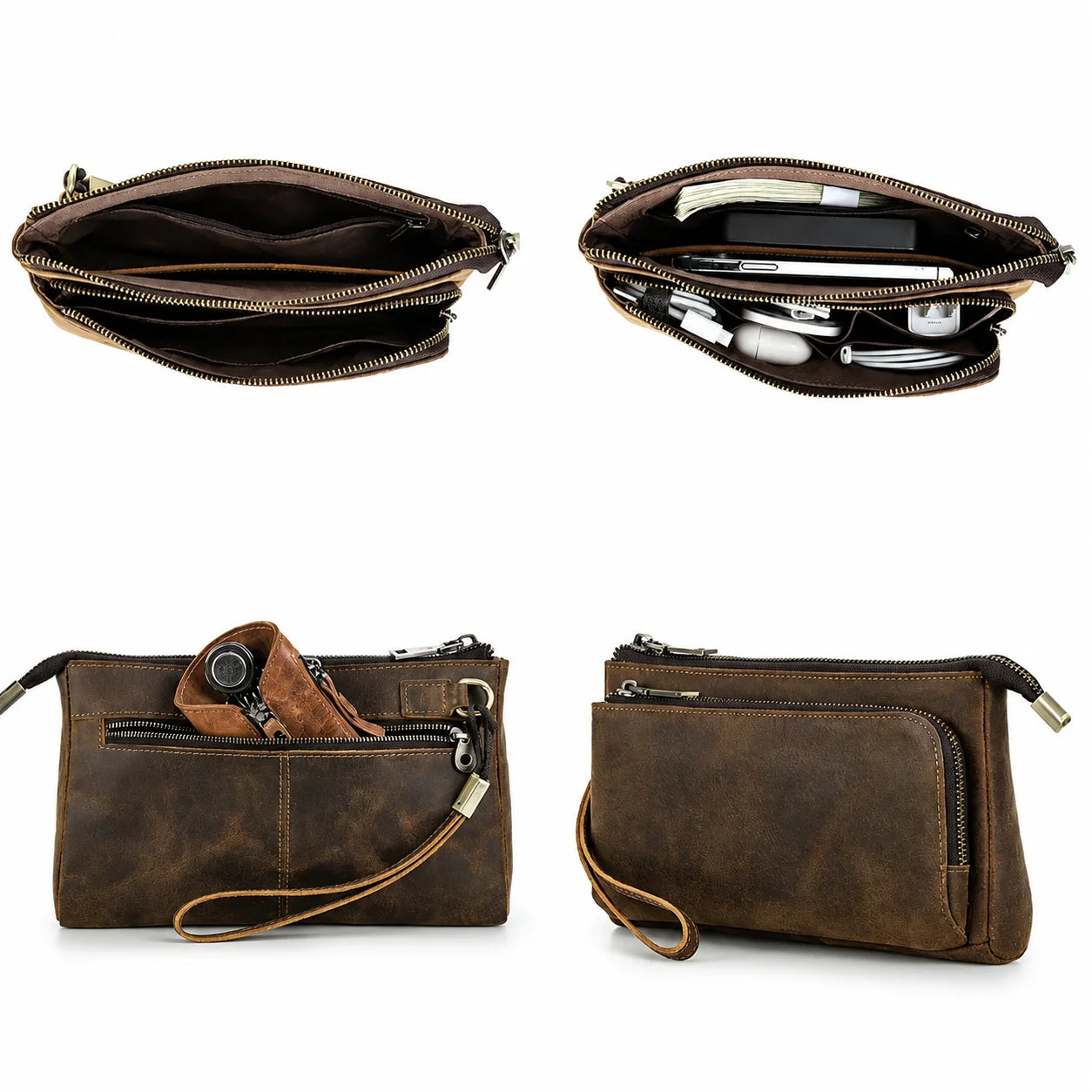 Men’s Leather Clutch Bag - Double Zip Travel Organizer