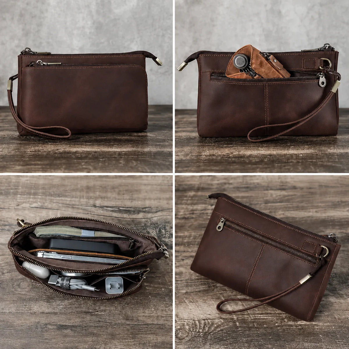 Men’s Leather Clutch Bag - Double Zip Travel Organizer