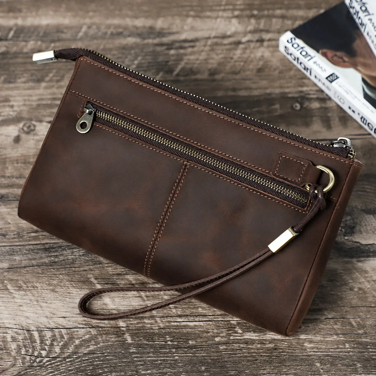 Men’s Leather Clutch Bag - Double Zip Travel Organizer