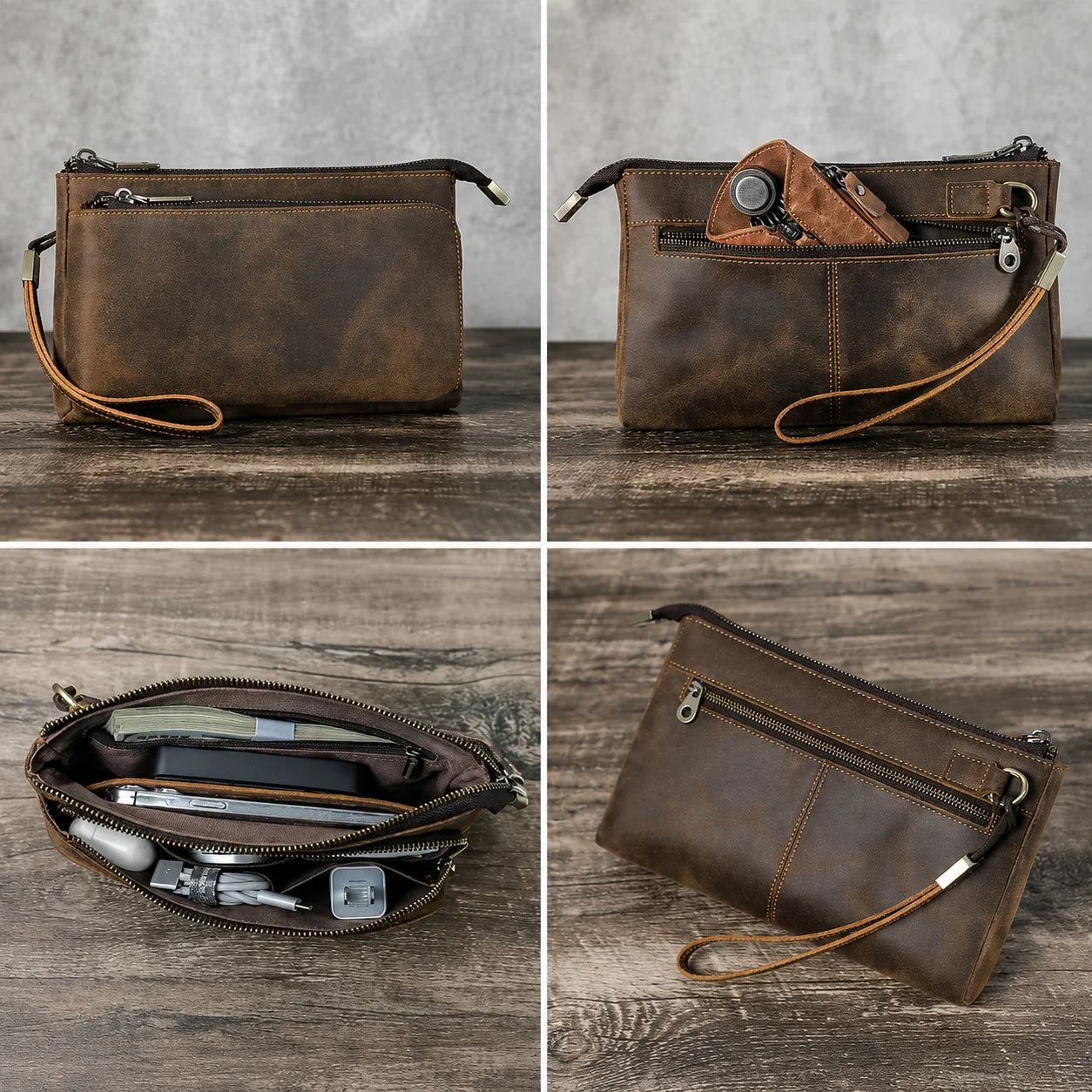 Men’s Leather Clutch Bag - Double Zip Travel Organizer