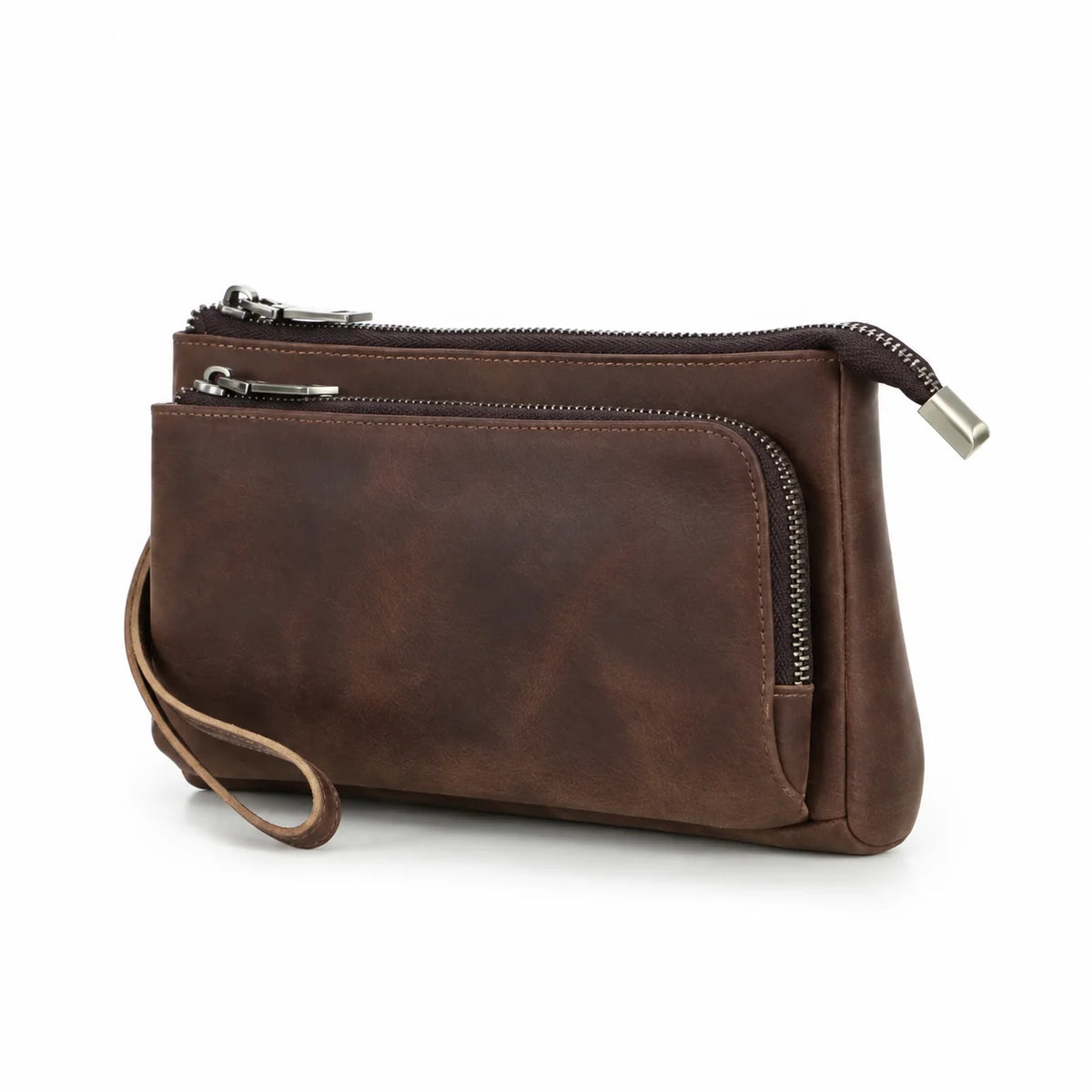 Men’s Leather Clutch Bag - Double Zip Travel Organizer - Dark brown