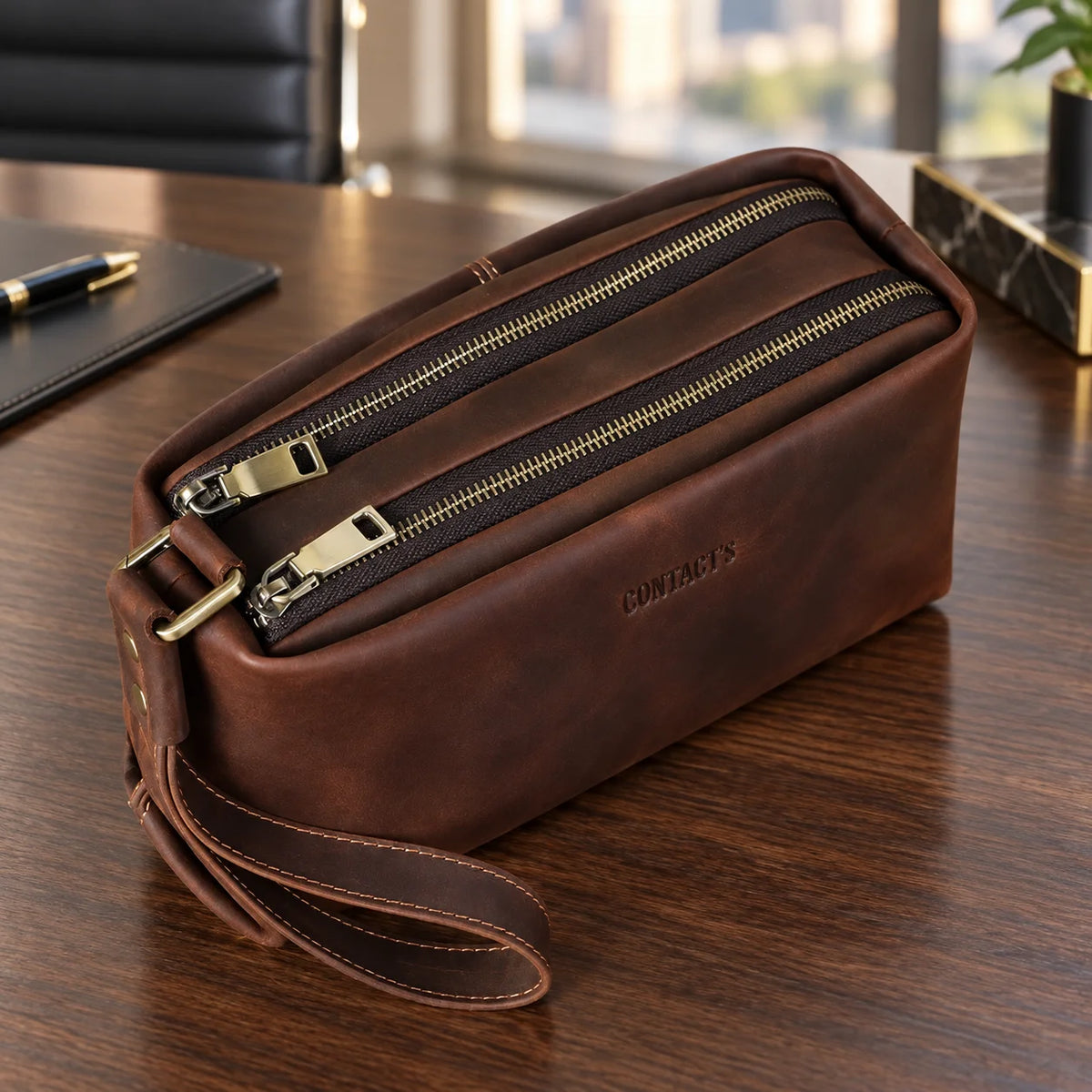 Men’s Leather Clutch Bag - Wrist Strap Multi-Pocket Organizer