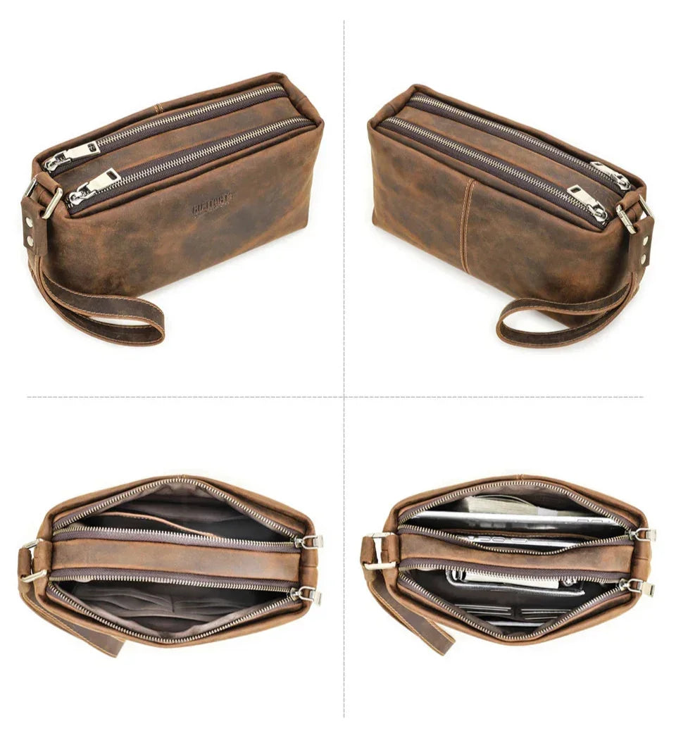 Men’s Leather Clutch Bag - Wrist Strap Multi-Pocket Organizer