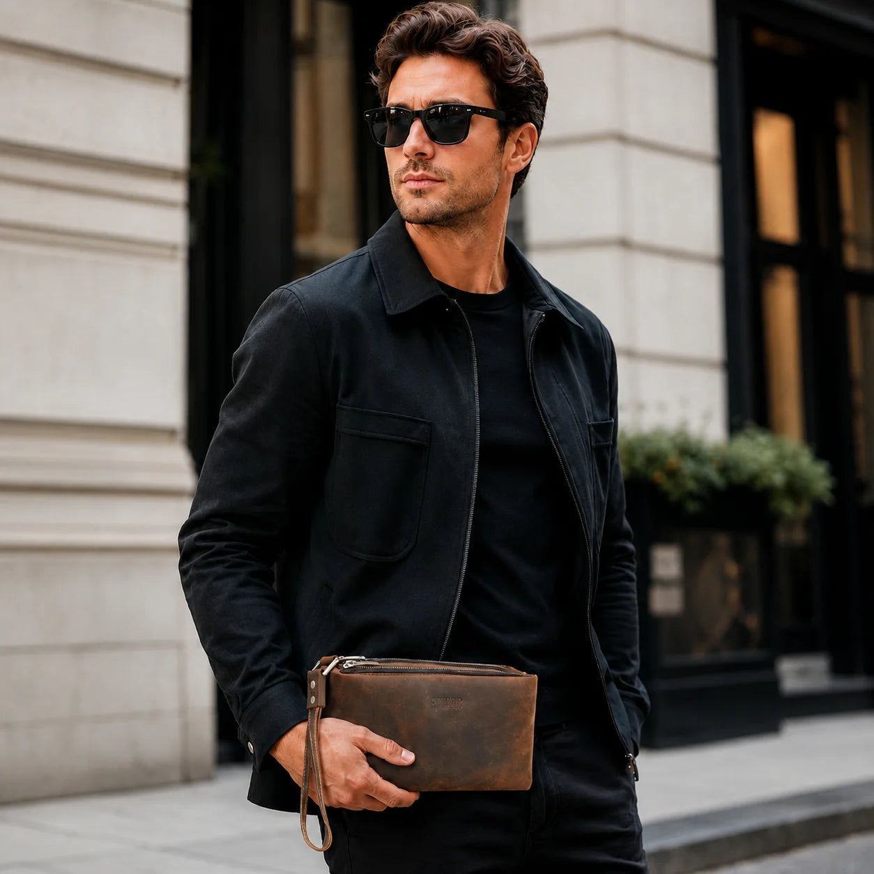 Men’s Leather Clutch Bag - Wrist Strap Multi-Pocket Organizer