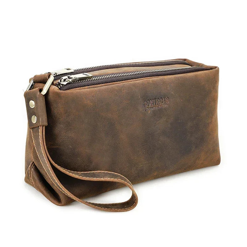 Men’s Leather Clutch Bag - Wrist Strap Multi-Pocket Organizer