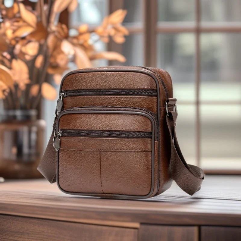 Men’s Leather Crossbody Bag - Compact 4-Pocket Organizer