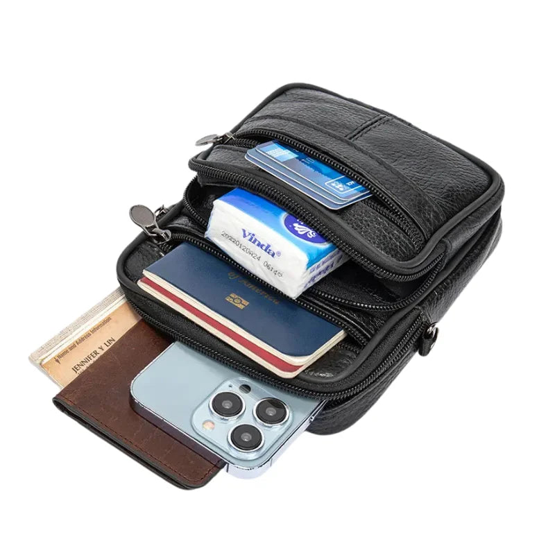 Men’s Leather Crossbody Bag - Compact 4-Pocket Organizer