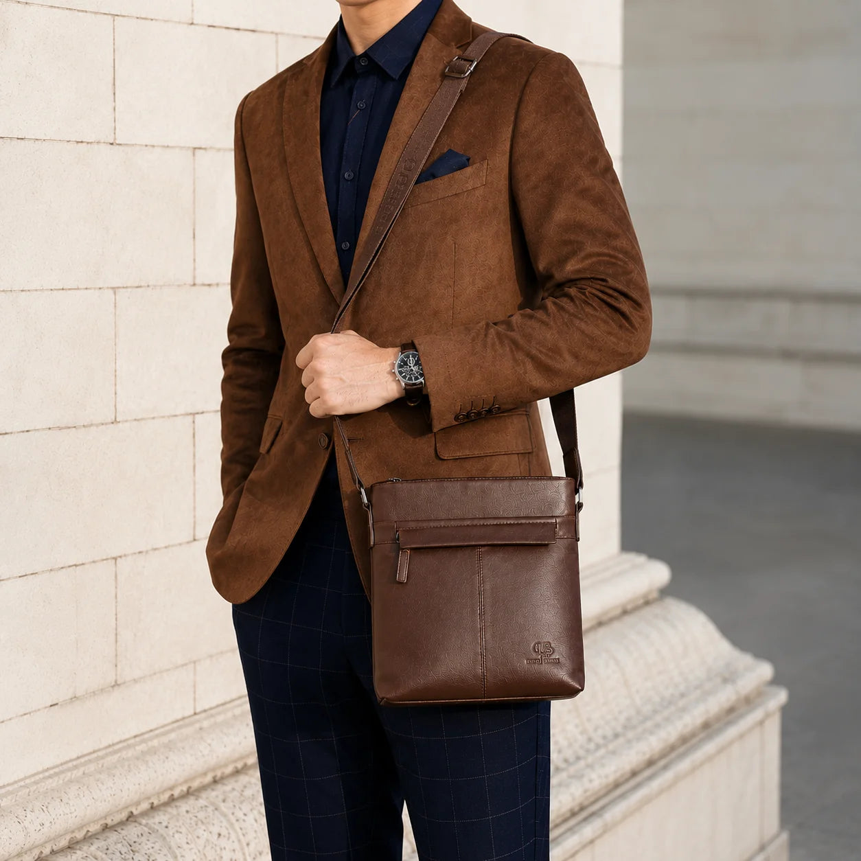 Men’s Leather Crossbody Bag - Front Zip Pocket Everyday Carry