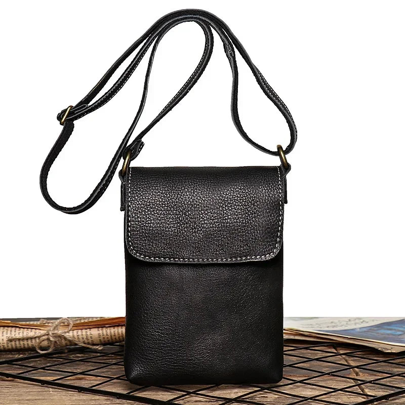 Men’s Leather Crossbody Bag - Mini Phone Pouch - Black