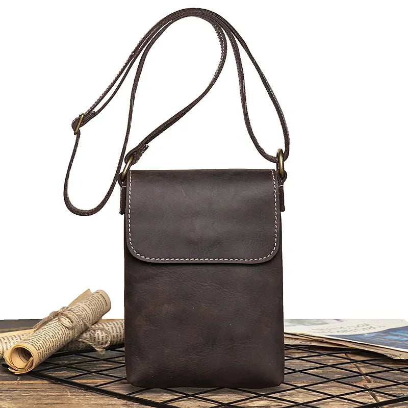 Men’s Leather Crossbody Bag - Mini Phone Pouch - Dark brown