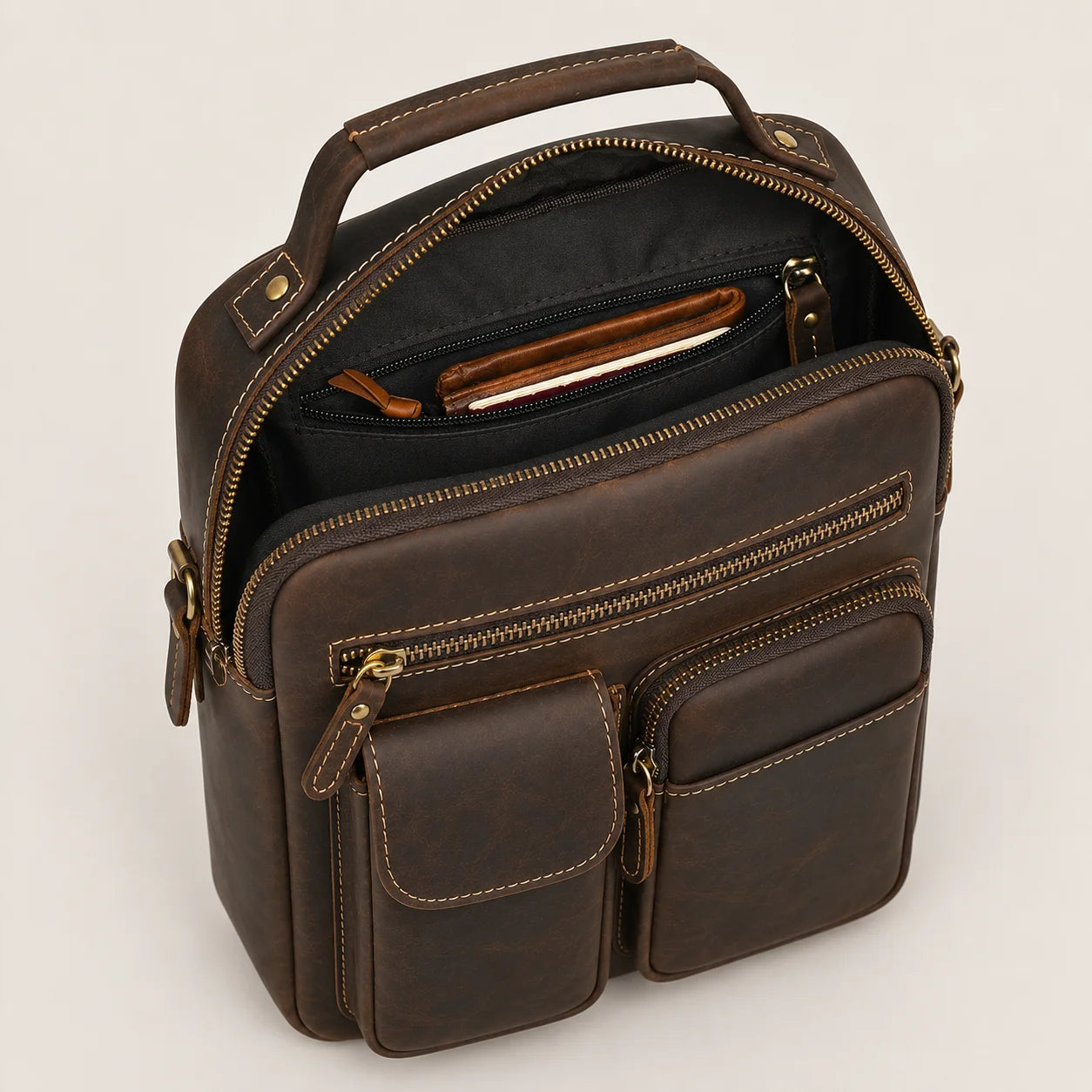 Men’s Leather Crossbody Bag - Multi-Pocket Card Organizer - Dark brown