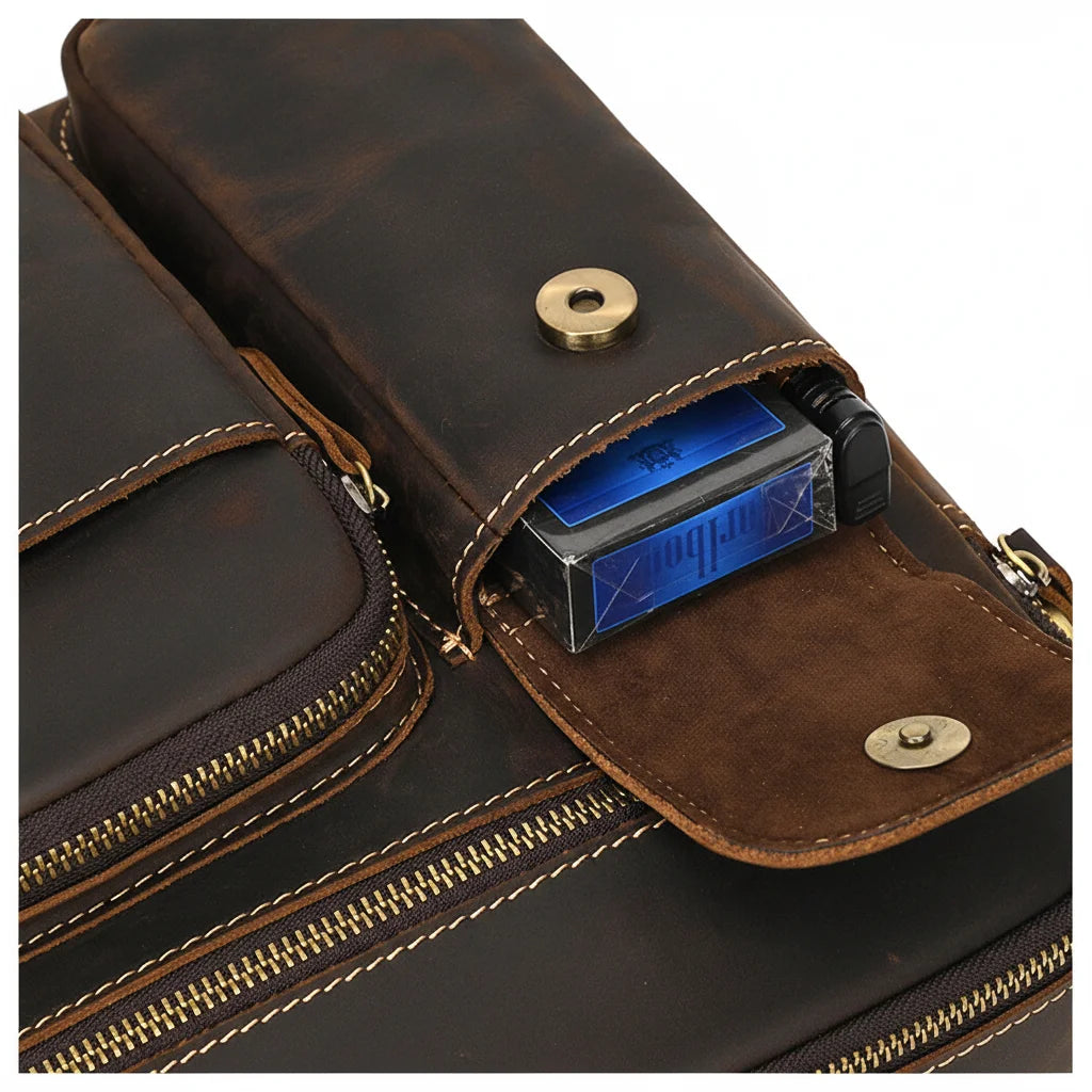 Men’s Leather Crossbody Bag - Multi-Pocket Card Organizer - Dark brown