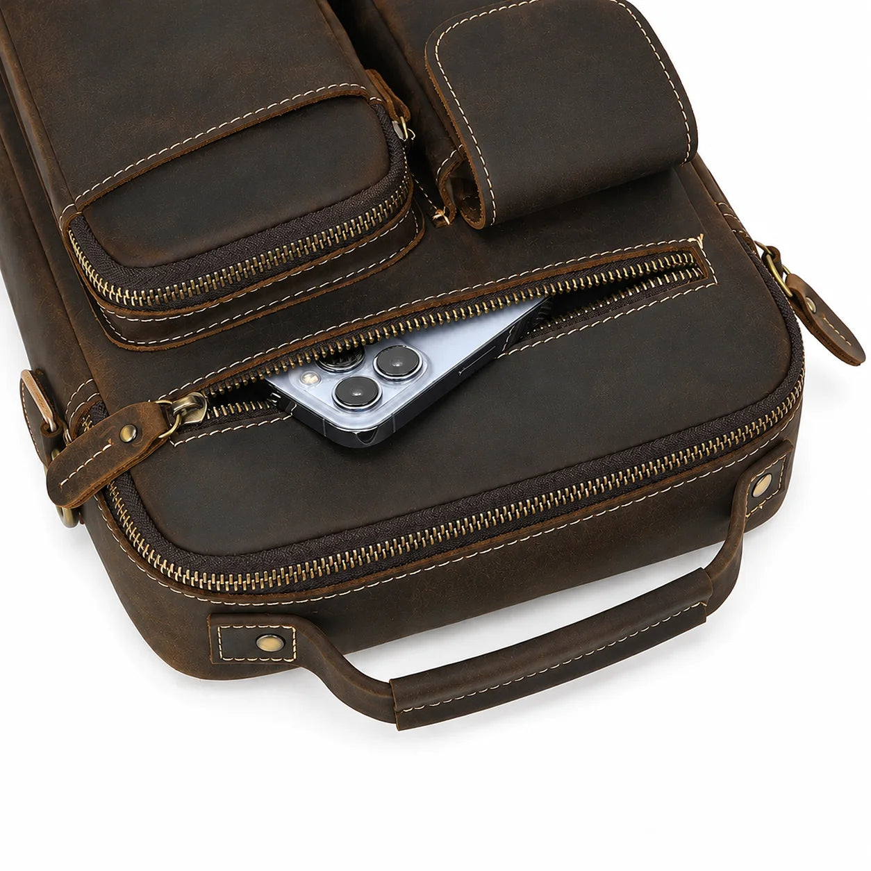 Men’s Leather Crossbody Bag - Multi-Pocket Card Organizer - Dark brown