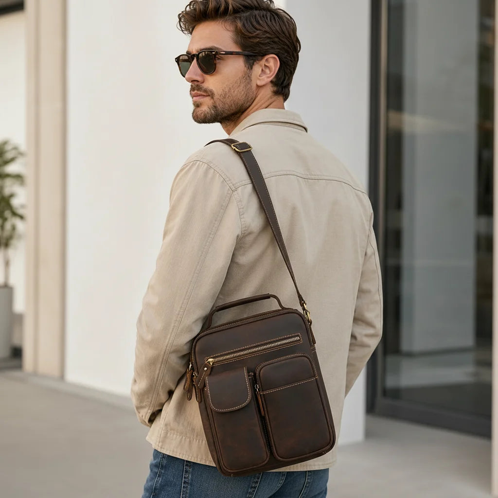 Men’s Leather Crossbody Bag - Multi-Pocket Card Organizer - Dark brown